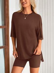 PRETTYGARDEN Women's Summer Clothes 2 Piece Sets Lounge Set Casual Oversized Shirts Biker Shorts Matching Airport Travel Sweatsuit Set Women Vacation Outfit Light Brown Summer Brunch Outfits For Women - 淺咖色 - 查看 6