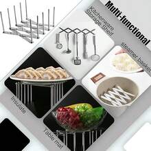 1 pieza Estante para ollas de acero inoxidable, soporte para tapas, montado lateralmente, ajustable, plegable, rejilla multiusos para cocinar al vapor, organizador de almacenamiento para cocina y comedor - Plateado - Ver 3