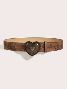 1pc Women's Retro Heart Buckle Waist Belt, Dark Floral Western Style PU Leather Belt, Versatile & - Belt a - View 9