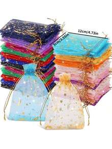 100/50/20个月亮星星图案抽绳欧根纱袋 - 非常适合装珠宝和派对礼品 - 有多种颜色可选，是婚礼、情人节和圣诞节的完美选择！