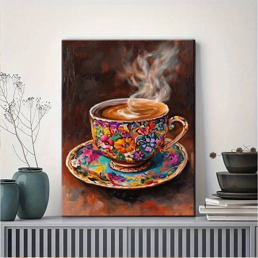 Taza de café Floral colorida, impresión artística con marco de madera, pintura al óleo vibrante sobre lienzo para decoración de salón, dormitorio o cocina - Multicolor - Ver 1