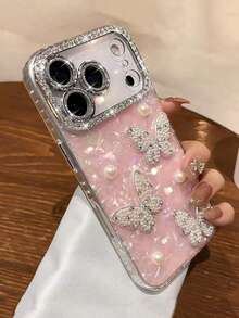 Luxury Rhinestone ‌Bling Lens Protector‌ 3D Cute Pearl Butterfly Phone Case Compatible With IPhone17ProMax 17Pro 17Air 17 16 15 14 13 12 Pro Max 11 Shockproof Case Lovely Protective Back Cover - Pink - View 1