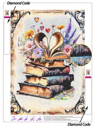 1件复古书籍与花卉爱心5D DIY钻石画，浪漫钻石艺术画，家居墙面装饰，轻松手工活动，包含全套钻石画工具