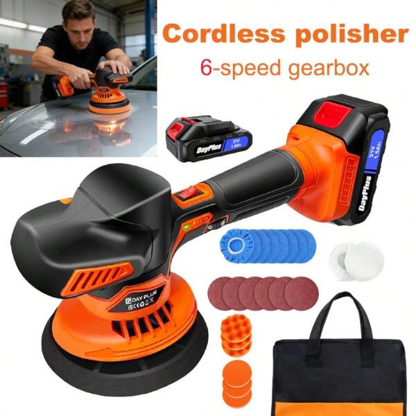 Royalswill 21V Cordless Polisher, 6-Speed Adjustment, Supplied With 2 X 1500mAh Lithium-Ion Batteries And Polishing Pad, Sanding Disc, Horizontal Display 125mm-150mm, 2800-5500 RPM Brushless Polisher, Suitable For Car Detailing, Boats, Walls, DIY