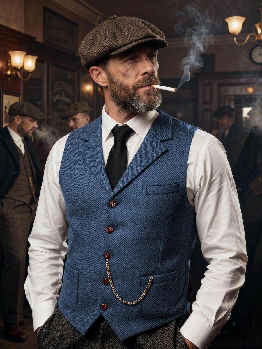 1pcs Men's Vintage Classic Herringbone Pattern Suit Vest V-Neck Casual Wool Blend Waistcoat For Men Business Casual And Formal Wear - Màu xanh nhạt - Xem 1