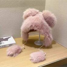 Winter  New Women's Plush Cute Bear Ear Hat ,Thicken And Warm Ear Wind And Snow Hat  Plush Little Bear Lei Feng Hat - 咖啡 - 查看 5