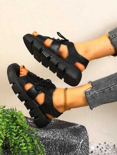 Women's Black Soft Leather Roman Sandals, Summer Lace-Up Thick Bottom Open Toe Sandals, Outdoor Casual Platform Sandals, Suitable For Home, Commuting