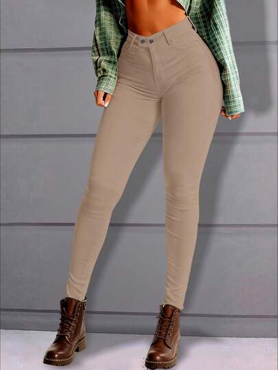 Apperloth A 90s High Waist Stretchy Double Buckle Thermal Lined Skinny Tapered Pants Casual Trouser