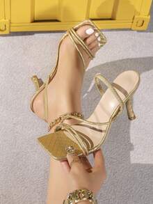 Sandale cu toc stiletto auriu pentru femei, vârf pătrat, cu toc înalt, minimaliste și confortabile pentru petreceri, pentru a crește înălțimea și lungimea piciorului