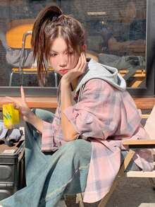 Plaid Random Striped Contrast Color Button Front Pocket Casual Travel Spring Autumn Women Hooded Long Sleeve Shirt Pink - Pink - View 5