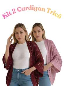 Set Of 2 Women's Cardigan Blouses, Knitted Cape, Openwork Knit, Autumn - 瑪薩拉紅/粉紅色 - 查看 1