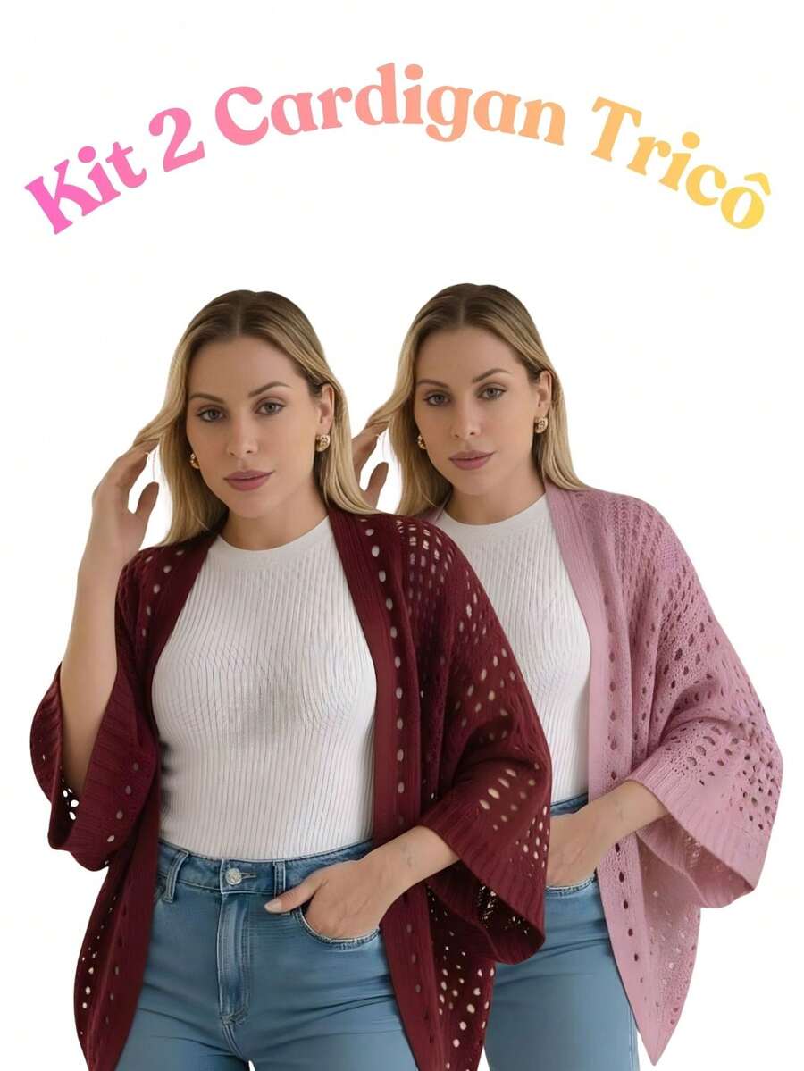 Set Of 2 Women's Cardigan Blouses, Knitted Cape, Openwork Knit, Autumn - 瑪薩拉紅/粉紅色 - 查看 1