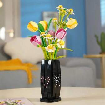 创意樱花盆栽积木套装，微型积木套装，微型盆栽树屋玩具，郁金香花瓶拼装模型家居装饰，适合万圣节/感恩节/圣诞节/复活节/情人节礼物（不含灯光），混色，电影/花卉/植物/爱情/童话主题，ABS树脂材质