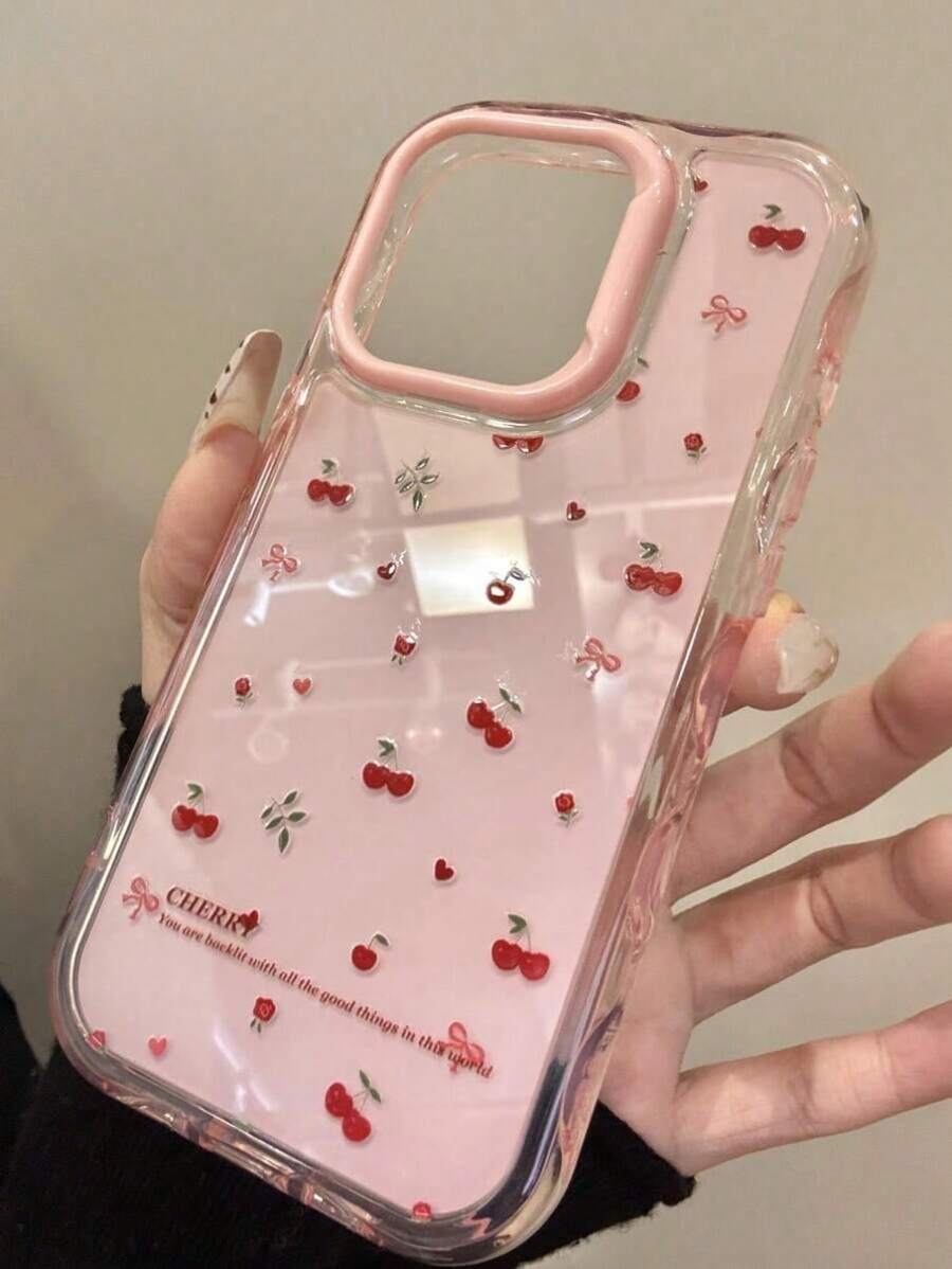 5GTA Cute Cherry Contrast Color Wave Jelly Pink Phone Case Compatible With IPhone 17 Pro Max 17 Pro 17 Air 16 Pro Max 14 Pro 13 12 15 Plus 11 Soap Soft Back Gift Stable - 櫻桃基金會 - 查看 1
