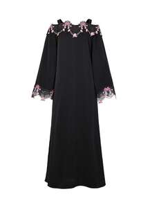 Women's Robe, Luxury Embroidered Trim Ramadan Robe, Elegant Party Dress - Black - View 4