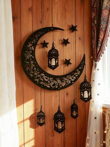 1pc Wooden Hollow Moon & Star Lantern - Hanging Decor, Wooden Ornament, Suitable For Room Decor, Home Decor, Kitchen Decor, Wedding Decor, Dining Table Centerpiece, Office Decor, Garden Decor, Outdoor Decor, Housewarming, Birthday, Graduation, Eid Gift - Black - View 6