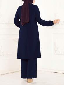 Women's Fashionable Solid Color Long Shirt & Wide Leg Pants Arabic Style 2 Pieces Set, Dignified And Appropriate - Navy Blue - View 3