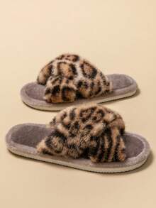 Damskie klapki z odkrytymi palcami i nadrukiem w panterkę, futrzane sandały wsuwane dla kobiet i mężczyzn, antypoślizgowe kapcie domowe, modne i wygodne ubranie do noszenia w domu przez cały rok - Kawowy brązowy - Zobacz 4