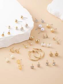 60 piezas Conjunto de aretes de moda con diseños de mariposa, corazón, rhinestone, luna, lazo, flor. Joyería de regalo adecuada para uso diario de mujeres - Amarillo Oro - Ver 3