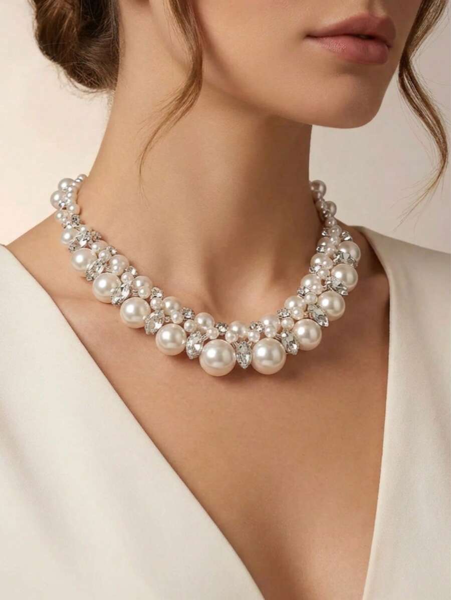 1 Elegant & Luxurious Faux Pearl & Crystal Rhinestone Necklace, Sparkling Crystal Beaded Necklace, Suitable For Weddings, Brides, Bridesmaids, Galas, Parties And Formal Events, Charming Vintage-Inspired Fashion Accessory - Multicolor - View 1