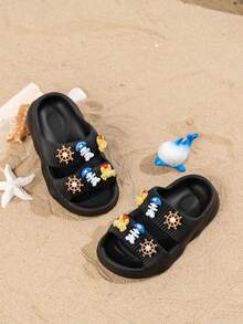 1 Pair Kids Cute Astronaut Design Slip-On Slippers, Comfortable Lightweight Quick-Dry, Suitable For Summer Outdoor Activities, Beach, Vacation - Black - View 5