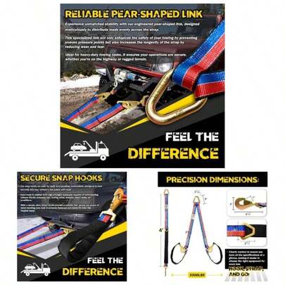 V - Bridle Tow StrapRedBlue 2 Inchx 4' With Snap Hooks, Cordura Sleeve, And Axle Straps, D - Ring Enhanced Stability, Recovery Strap 5500lbs Load Car Towing, Rollback, Flatbed, Tow Truck