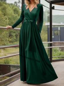女士长款丝绒连衣裙，优雅正式礼服，简约修身长裙。适合派对和社交活动，秋冬春季皆宜。 - 綠色 - 查看 3