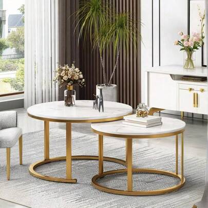 2-Piece Modern Round Nesting Coffee Tables Wooden Tabletop Stackable Sofa Side Tables For Living Room - Great UK Home Decor Furniture (Self-Assembly Required)