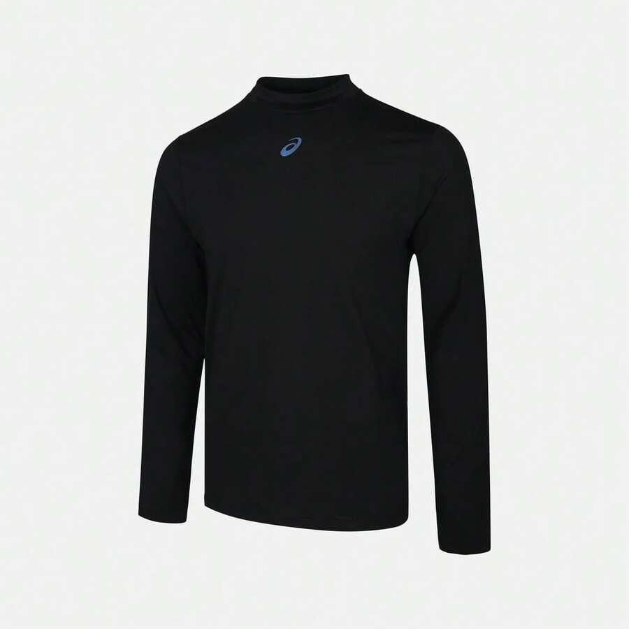 Asics 男士跑步长袖T恤，针织无领长款T恤 2011D470-001 - 黑色 - 查看 1