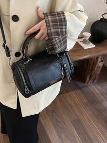Tassel Decor Handbag, Women's Large Capacity Shoulder Bag, Fashion Zipper Crossbody Bag With Removab - 黑色 - 查看 4