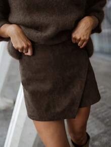 Roviva Women's Autumn Casual Commute Vintage Solid Color Asymmetrical Hem Skort, Suitable For Work Commute, Office, Teacher's Day, Party Gathering, Back To School Season, Holiday, Birthday Party, Vacation, Outdoor Street Photography, Dating - Brown - View 3