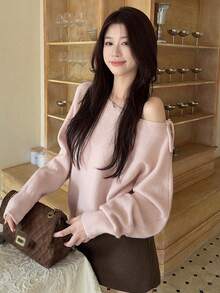 Korean Style Cute & Slouchy Vibe Autumn/Winter Off-Shoulder Tie-Up Long Sleeve Knit Sweater Top - Pink - View 3