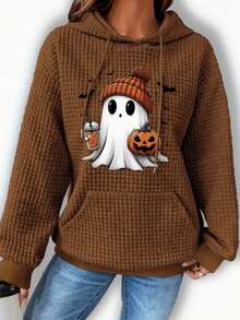 [Graphic Print Hoodie] Women's Cute Halloween & Pumpkin Graphic Print Hoodie - Cozy Fleece-Lined Hooded Sweatshirt With Drawstring, Machine Washable Fall Winter Casual Pullover, Halloween Clothes, Festive Apparel, Fleece Lined Comfort, Holiday Outfit, Playful Design, Durable Construction, Holiday Shoppers      Rich Navy Halloween Themed Oversized Graphic Hoodie   Long Sleeve Tops Women   Cute Tops - Màu nâu - Xem 6