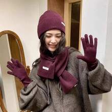 1 Set Solid Color Casual Acrylic Beanie, Scarf & Gloves 3 Pieces Set, Autumn/Winter Cold Weather Outfit Women Valentines Gift - Multicolor - View 8