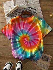 Women's Summer Casual Short Sleeve T-Shirt - Bright Rainbow Spiral Tie-Dye Print, Round Neck Regular Fit, Suitable For Daily Wear, Cute Summer Outfit, Soft Fabric Casual Round Neck Top, Women's Clothing, Machine Washable, Comfortable Fit, Versatile For Everyday Wear - Màu sắc hỗn hợp - Xem 4