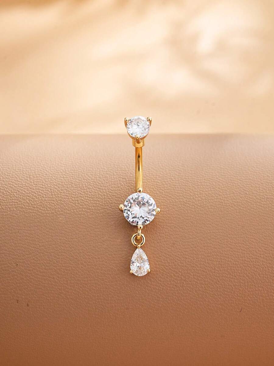 1pc Stainless Steel Deer Antler Navel Ring With Large Zirconia & Small Water Drop Pendant, Cute Piercing Jewelry For Daily Wear