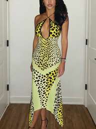 Summer Leopard Cut Backless Slim Halter Dress