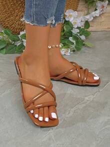Women's Flat Sandals, Red Sandals, Brown Sandals, Shiny, Square Toe Design, Comfortable & Stylish, Suitable For Vacation & Beach, Slip-On Convenience - Brown - View 10