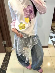 تنورة وسط بتصميم نجمي غير متماثل من الشبك والدانتيل، تنورة متدرجة بكشكشة في الأسفل، مناسبة للتصوير والكوسبلاي والديكور اليومي وعيد الحب وملابس البنات - متعدد الألوان - مشاهدة 3