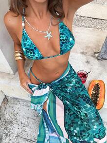 女款三件式比基尼套裝 - 菱格紋印花、三角上衣、繫帶式泳褲、長款長方形雪紡裙、優雅夏季海灘穿搭、度假細肩帶泳衣 - 彩色 - 查看 9