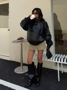 LEILEIBEI 秋冬新款女装简约百搭压纹皮夹克，欧美风 - 黑色F - 查看 2