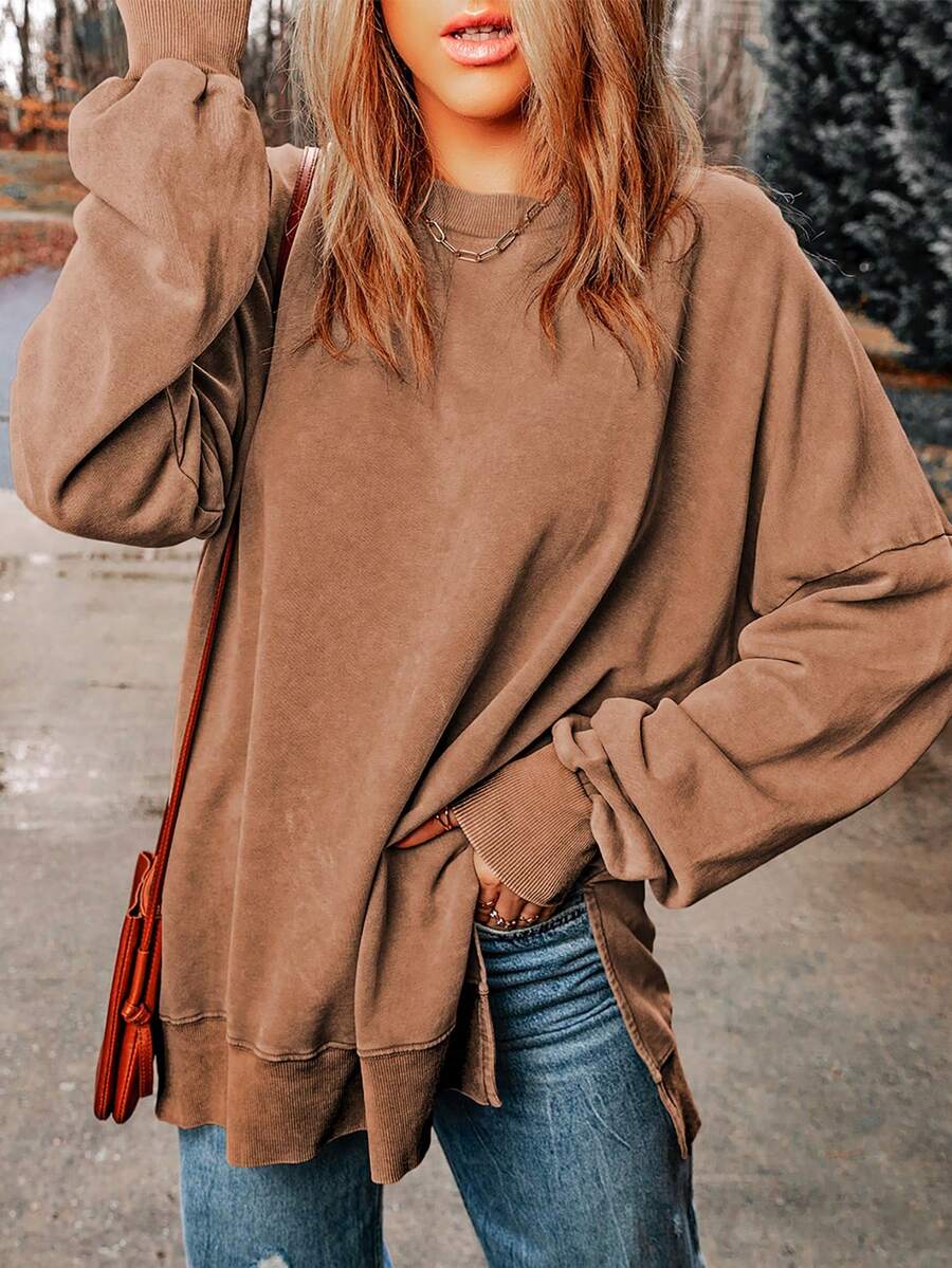 CILKOO Women's Casual Loose Fit Drop Shoulder Long Sleeve Sweatshirt, Autumn - Brown - View 1