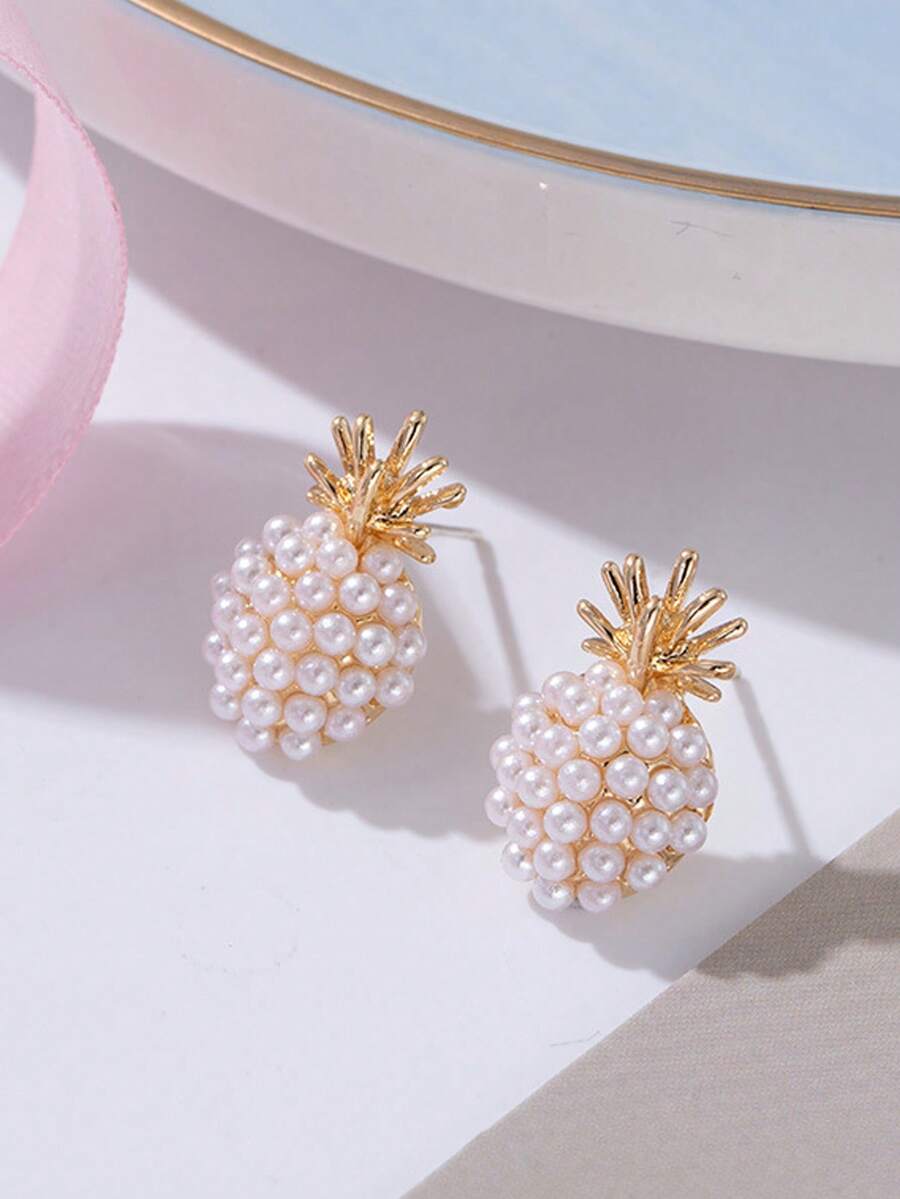 一对法式复古风、港式时尚、百搭高端的菠萝珍珠耳环 - 金黃色 - 查看 1