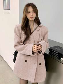 Y6Y 2025新款复古人字纹双排扣羊毛夹克，宽松休闲优雅女士西装外套，秋季款 - 粉色 - 查看 11