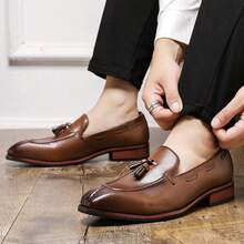 英伦风乐福鞋，男士复古棕色商务正装鞋，时尚流苏小皮鞋，木质鞋跟，低帮男士皮鞋，派对鞋 - 棕色 - 查看 6