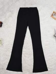 Women's Solid Color Casual High Waist Stretch Distressed Flare Pants - Black - View 1