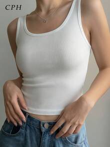 1件女士休闲简约纯色背心，基本款修身无袖罗纹针织方领背心。