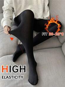 1 Pc Of Thin Thermal Lined Women's Black Pantyhose, High-Stretch Tights, Suitable For 20-25°C - Black - View 6