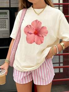 两件套少女碎花短袖T恤和条纹短裤套装，夏季穿搭，年轻学生时尚/Y2K/街头风格，充满艺术气息 - 粉色 - 查看 3