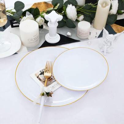 50 pezzi Piatti da pranzo bianchi con bordo dorato, dimensione piatto grande 26 cm, dimensione piatto piccolo 19 cm, stoviglie di lusso di alta qualità, ideali per riunioni familiari, feste di compleanno, eventi all'aperto, vacanze, matrimoni e altro ancora
